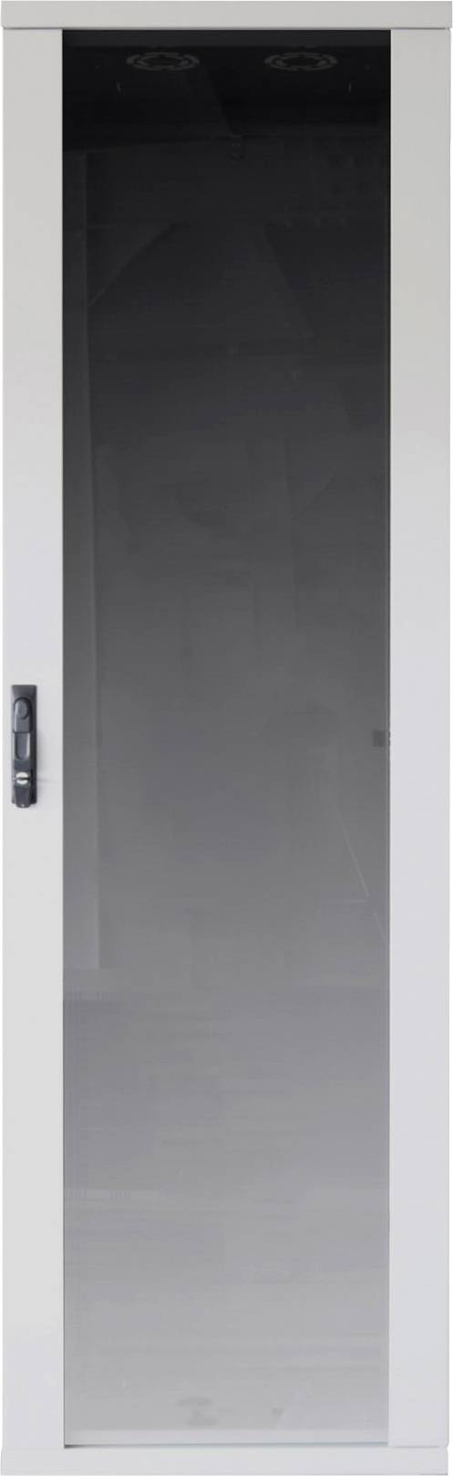 Armoire haute avec porte en verre sombre et encadrement argenté ; poignée de porte argentée sur la droite ; design sobre et moderne.