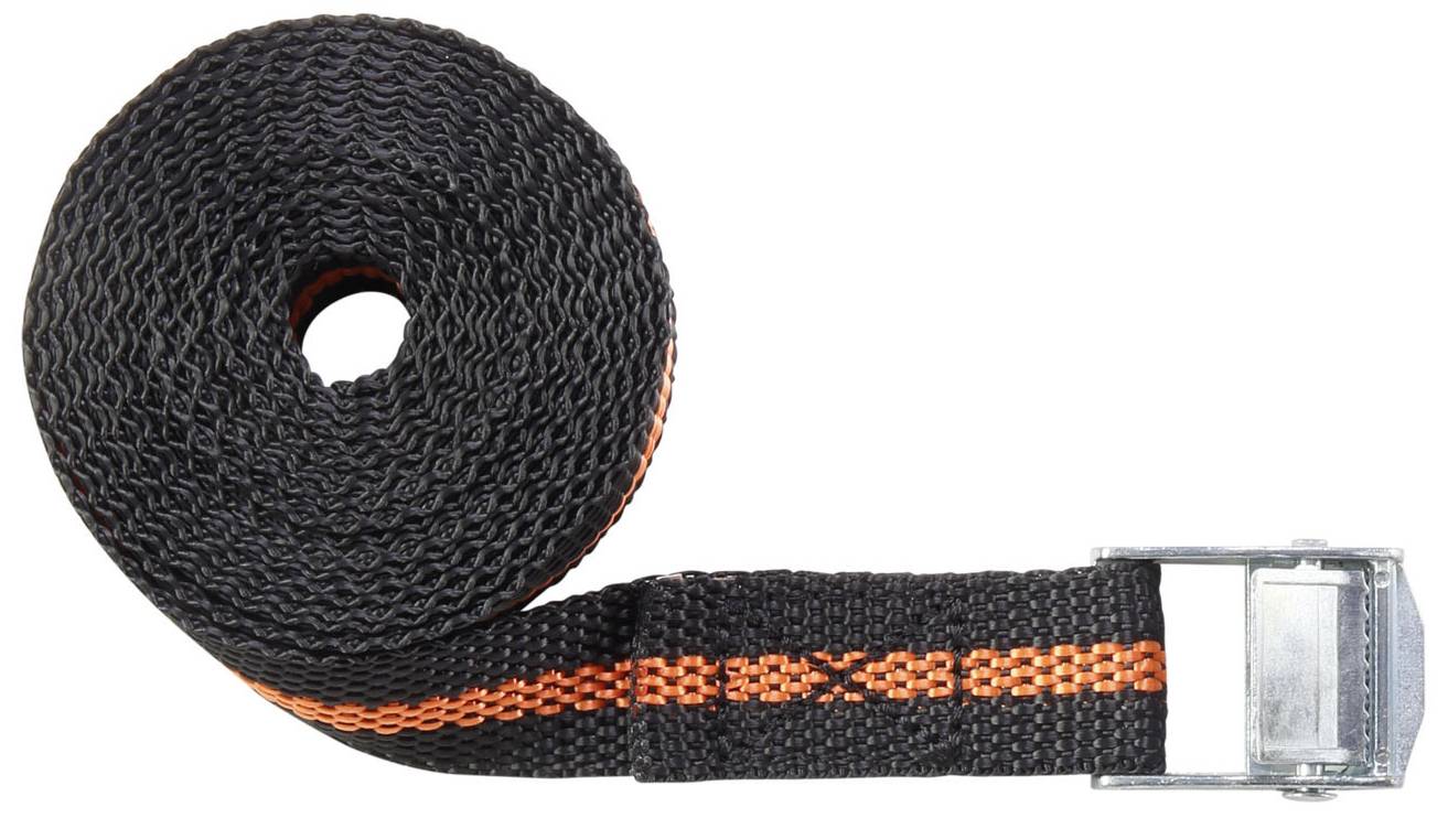 Sangle de tension noire avec une ligne orange, enroulée, avec une boucle métallique à l'extrémité. Idéale pour assurer la fixation des charges.