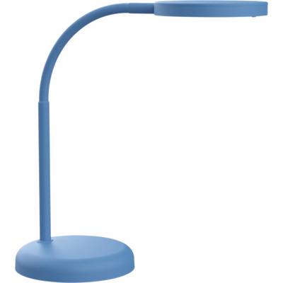 Une lampe de table bleue moderne avec un col incurvé et un socle rond, dans un état éteint.