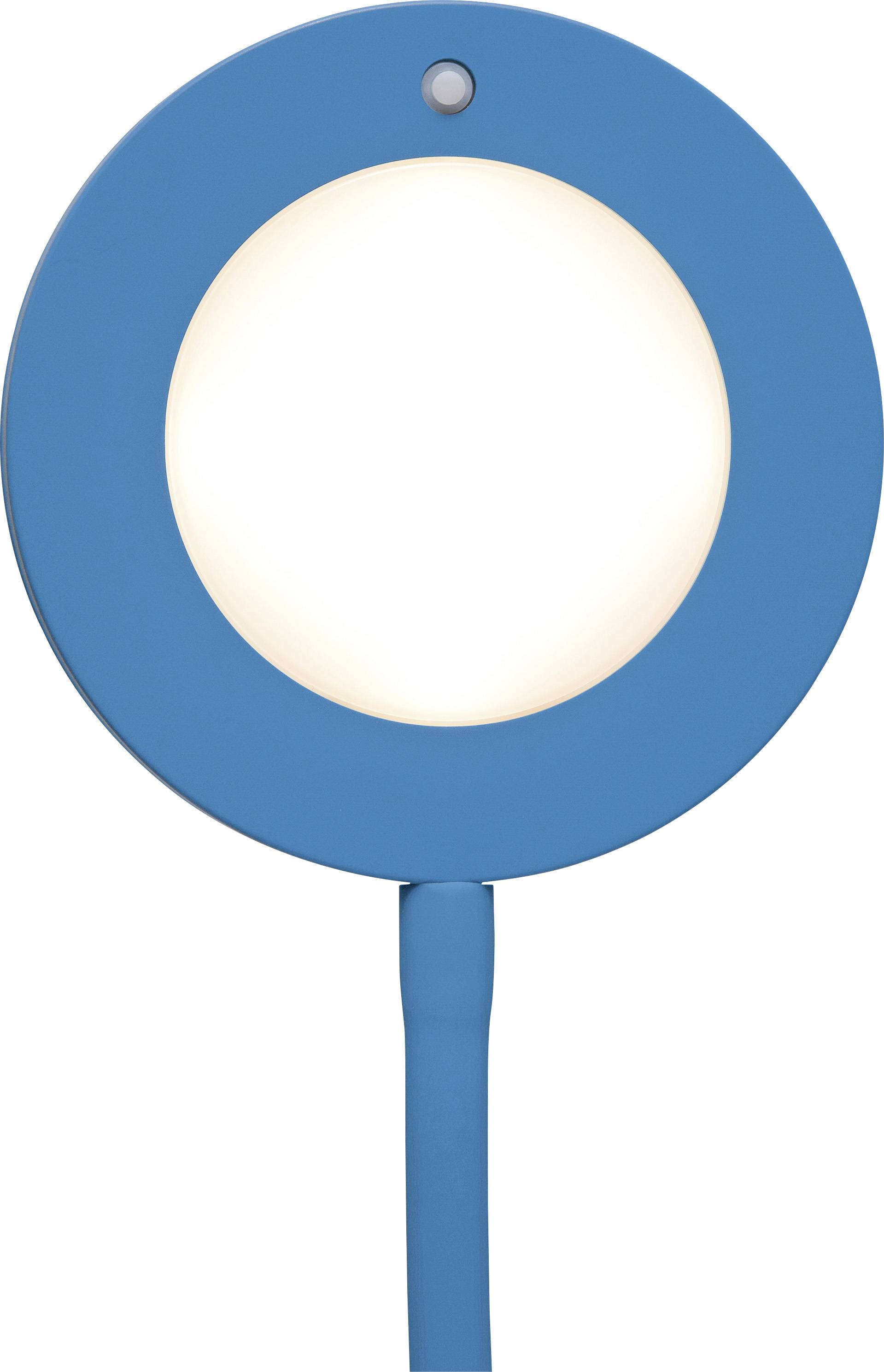 Une lampe de table ronde bleue avec un cercle LED lumineux et un pied étroit, adaptée aux bureaux modernes.