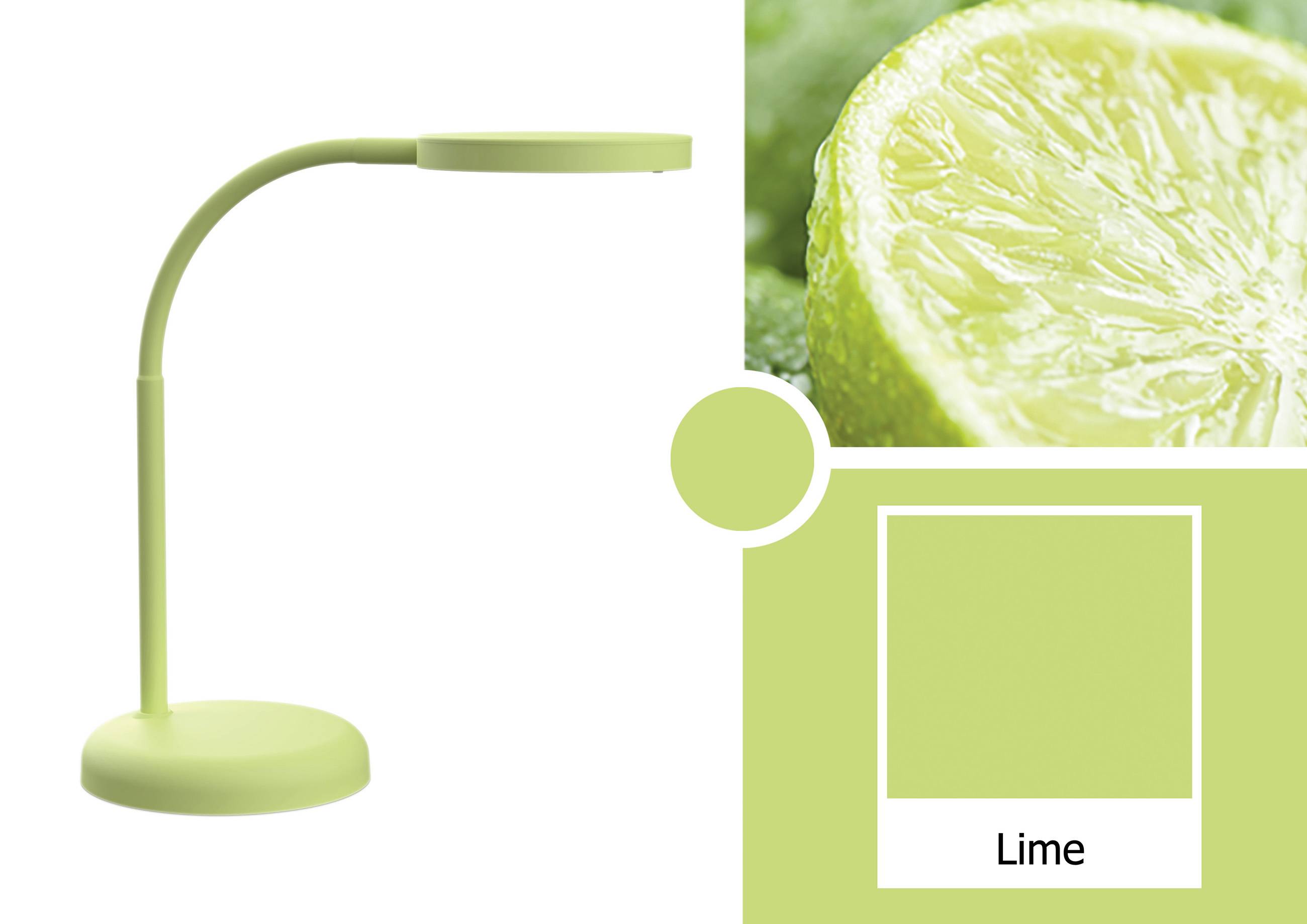Une lampe de table verte à côté d'une image de citron vert coupé en deux. En dessous, un carré de couleur vert citron avec le mot 'Lime'.