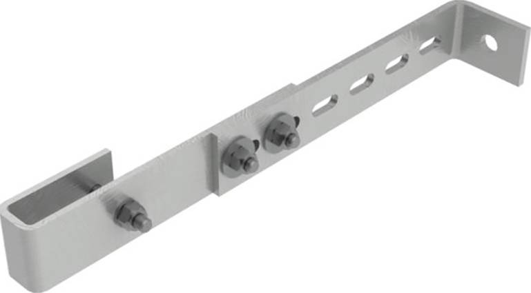 Support d'angle métallique avec trous et vis. Utilisé pour fixer des pièces à une surface.