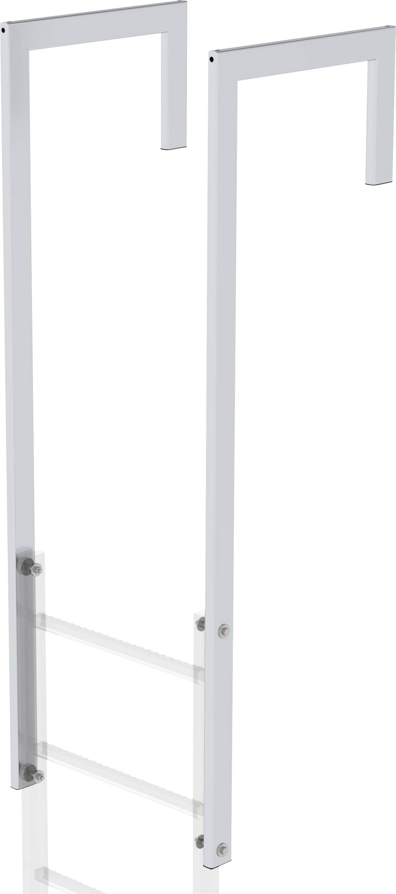 Un support métallique blanc rectangulaire avec deux montants verticaux et une traverse horizontale, probablement destiné à l'assemblage.