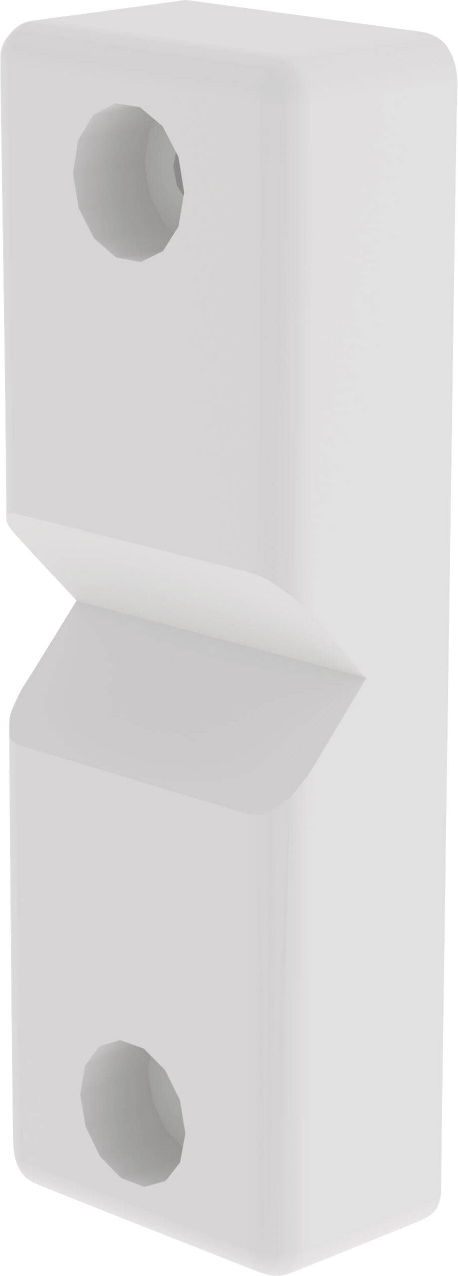 Un élément rectangulaire vertical en matériau blanc, comportant deux trous, un en haut et un en bas, probablement destiné à une fixation.