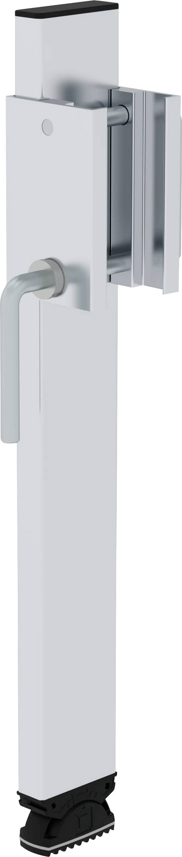 Un pied de support réglable en métal avec une manivelle manuelle pour ajuster la hauteur. Convient pour tables ou surfaces de travail.