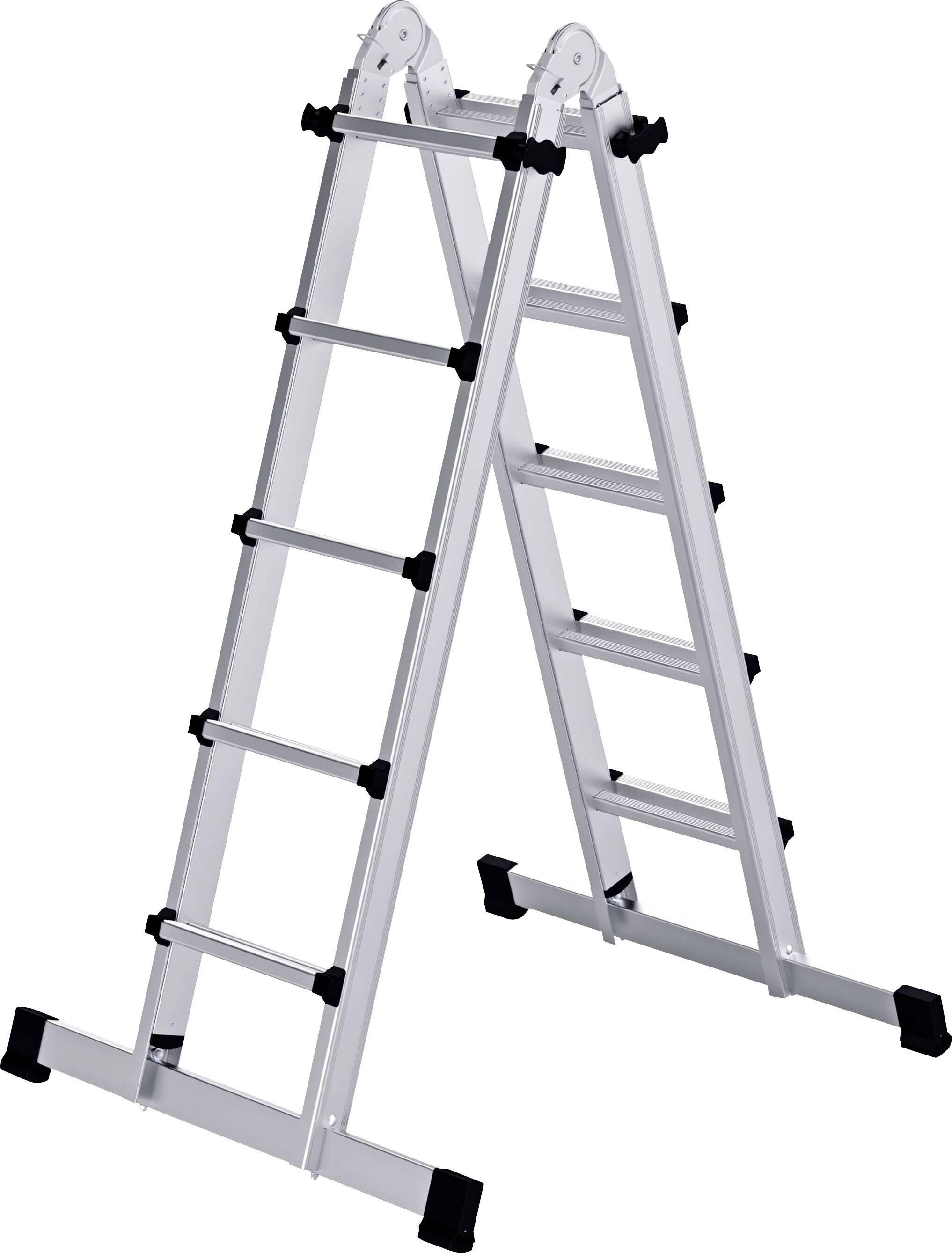 Échelle pliante en aluminium en forme de A avec quatre segments, pieds et charnières en plastique noir, adaptée à diverses applications.