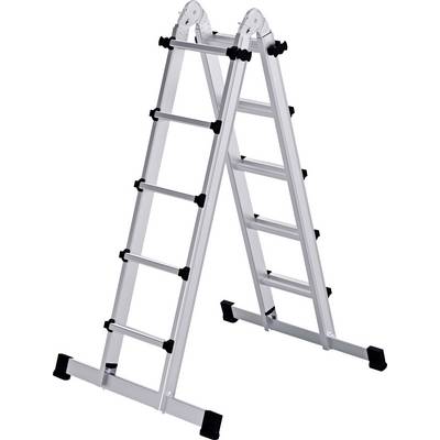 Échelle pliante en aluminium en forme de A avec quatre segments, pieds et charnières en plastique noir, adaptée à diverses applications.
