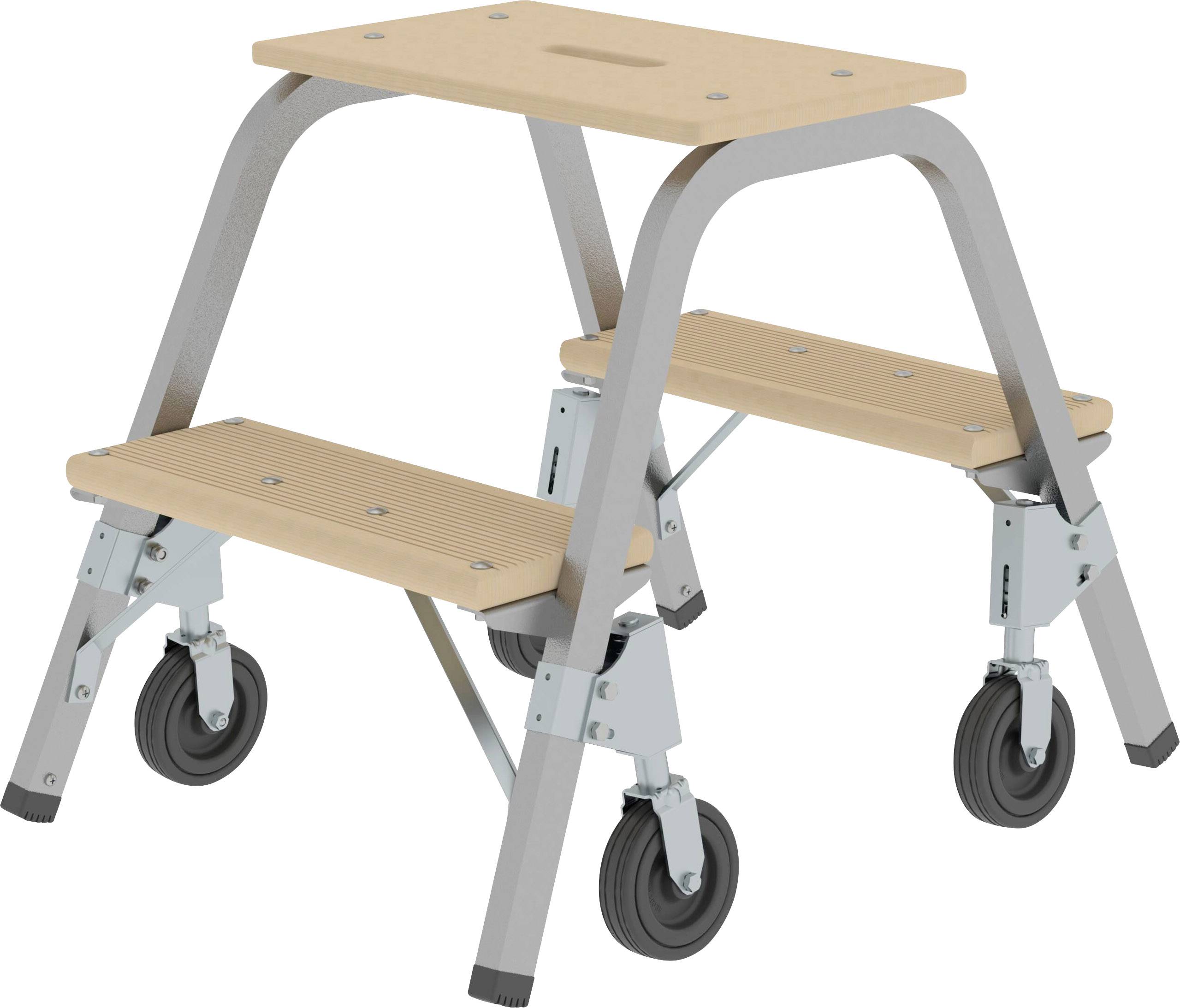 Un marchepied en bois à deux marches, monté sur un châssis métallique robuste avec des roulettes, conçu pour un transport facile et une stabilité sécurisée.