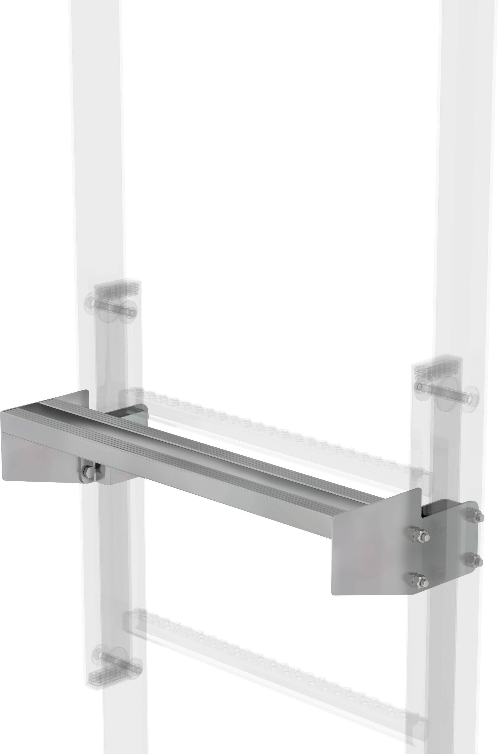 Marche métallique, montée horizontalement entre des structures verticales, servant de composant d'une construction d'échelle.
