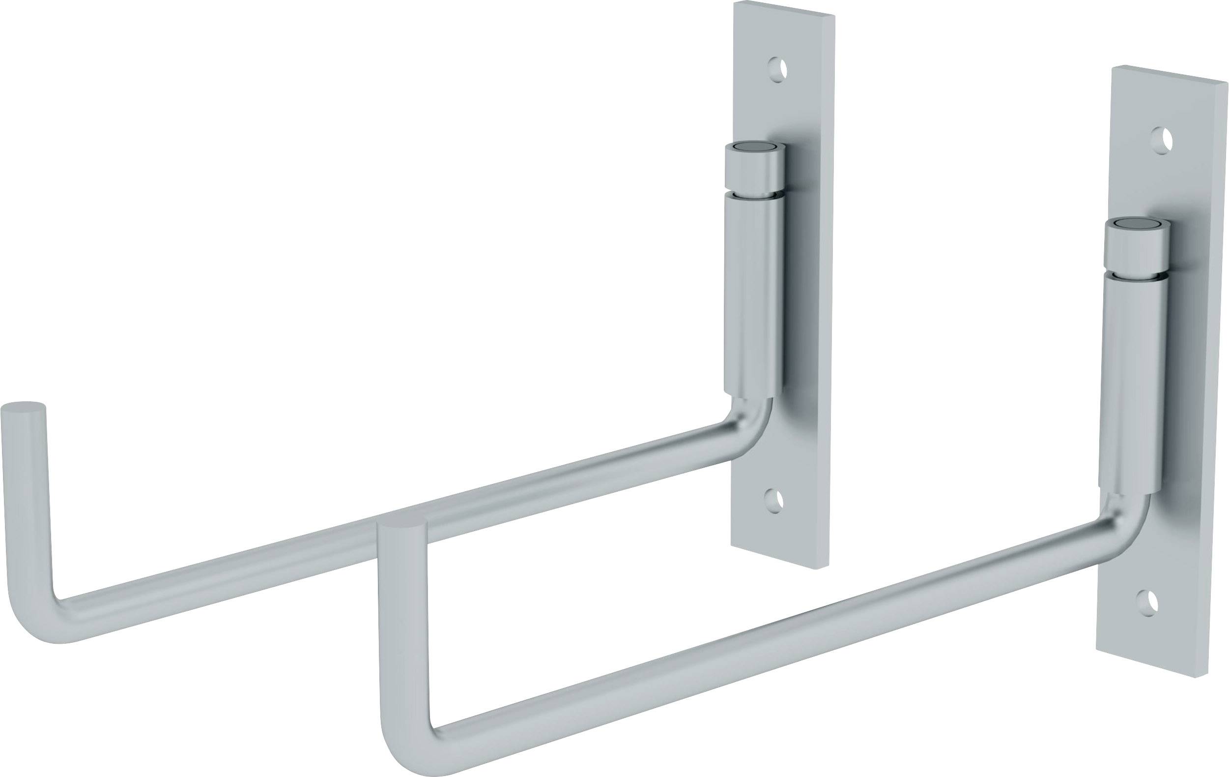 Deux supports muraux en métal argenté, adaptés pour la fixation d'objets tels que des étagères ou des barres.