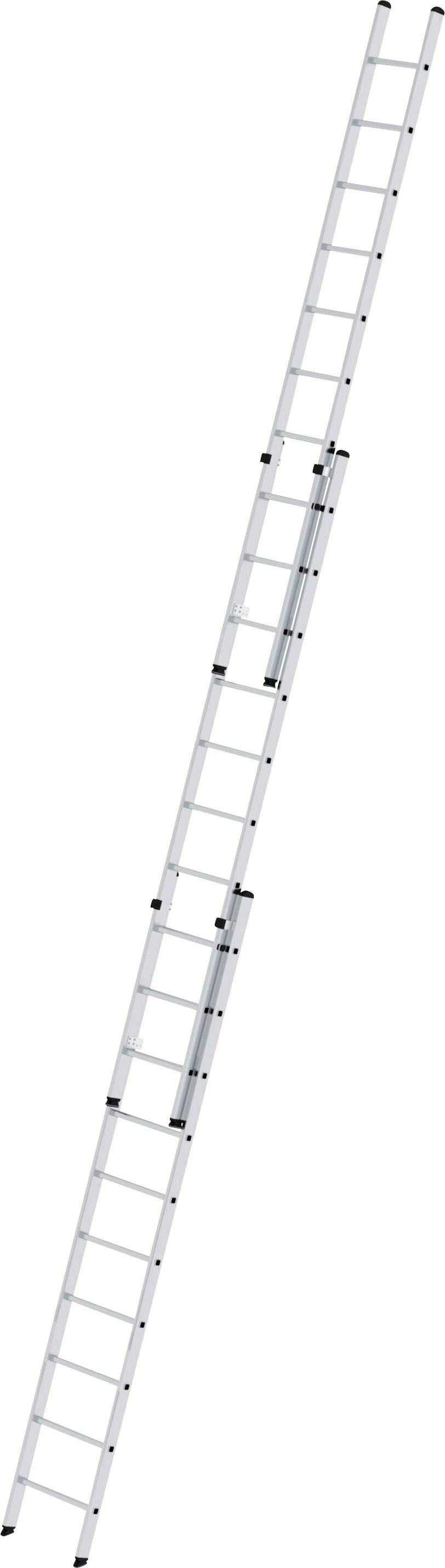 Une échelle longue, télescopique en aluminium, inclinée vers le haut à gauche. Adaptée aux travaux en hauteur.