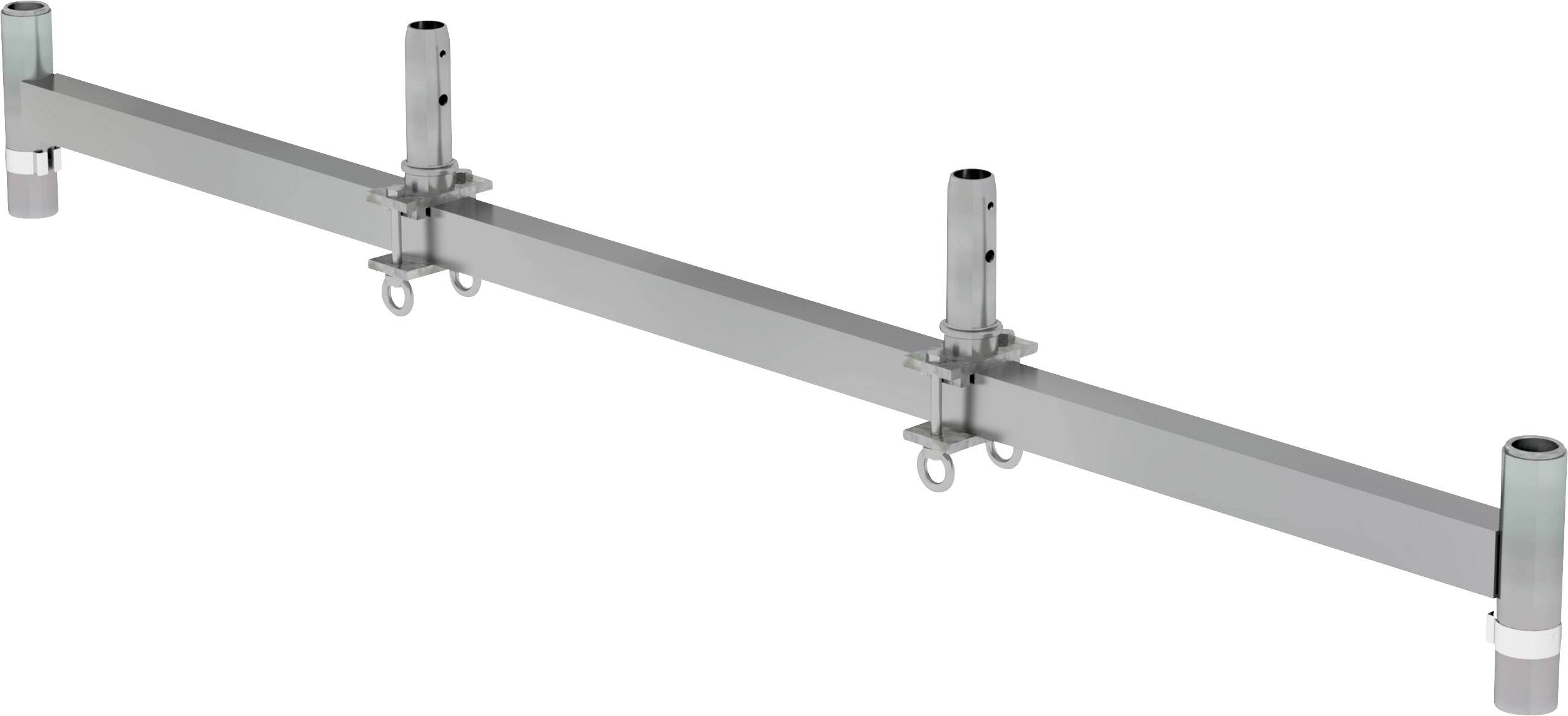Poutre métallique dotée de trois points de fixation uniformément répartis le long de sa surface supérieure et de crochets sur les côtés. Utilisée pour des supports ou des suspensions.