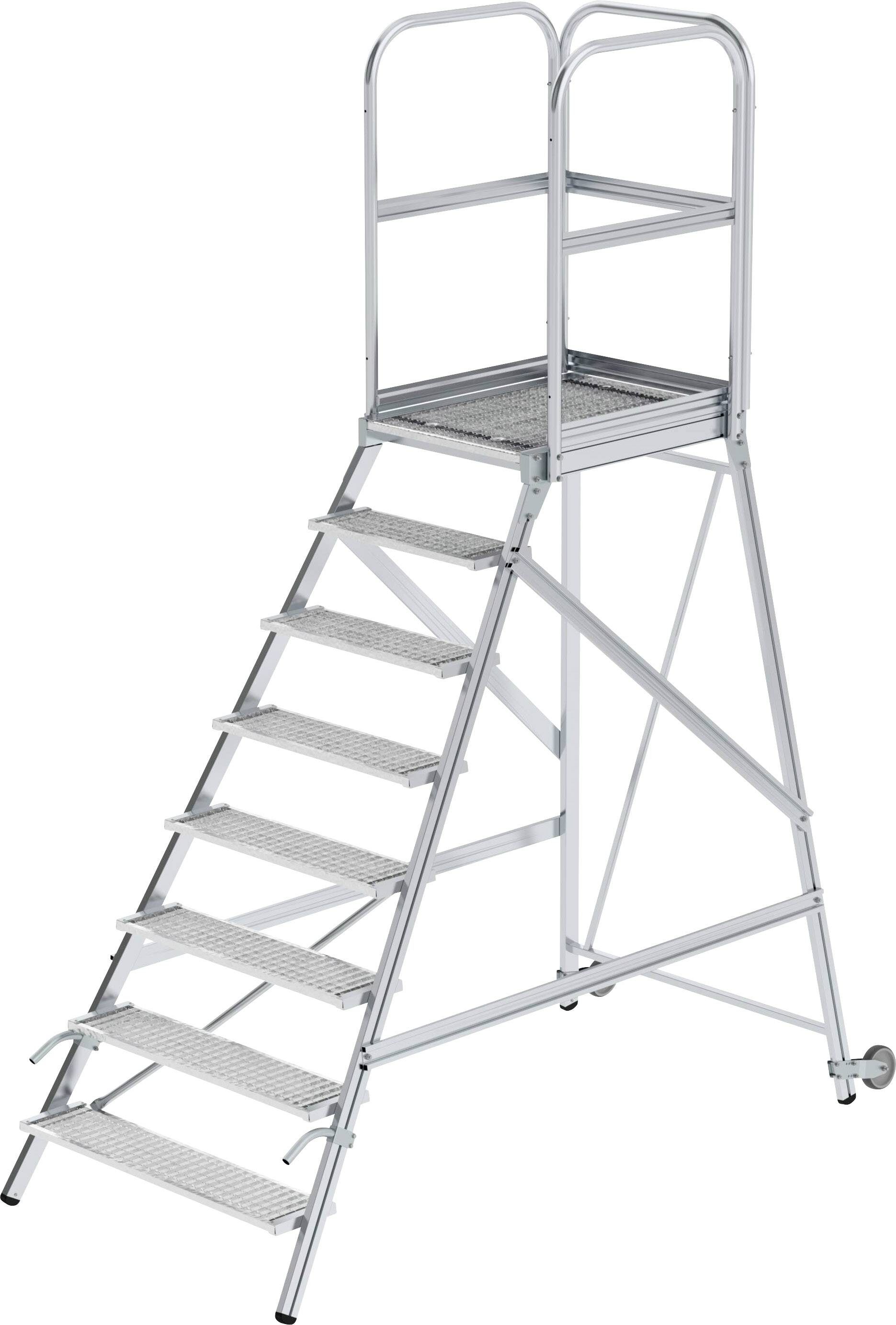 Un escabeau mobile en aluminium argenté à sept marches et avec rampe, idéal pour travailler en toute sécurité en hauteur.