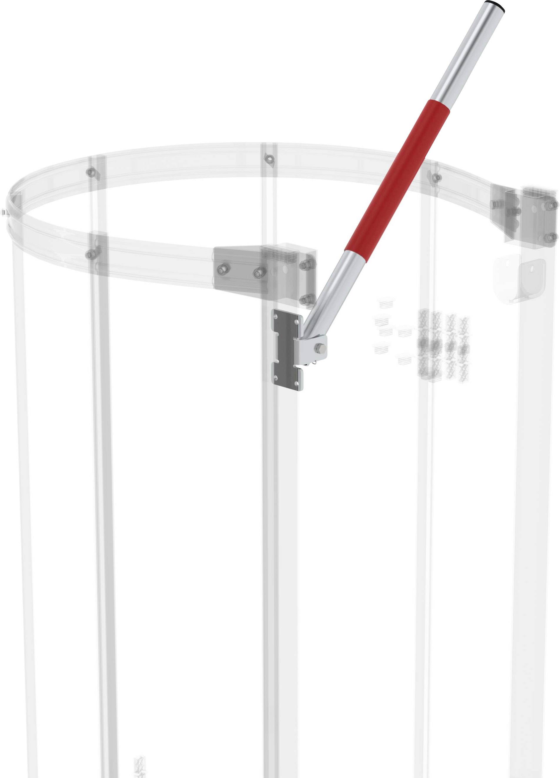 Un récipient transparent en plexiglas, équipé en haut d'un levier métallique mobile avec une poignée rouge, probablement conçu comme mécanisme de fermeture.