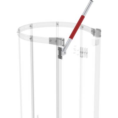 Un récipient transparent en plexiglas, équipé en haut d'un levier métallique mobile avec une poignée rouge, probablement conçu comme mécanisme de fermeture.