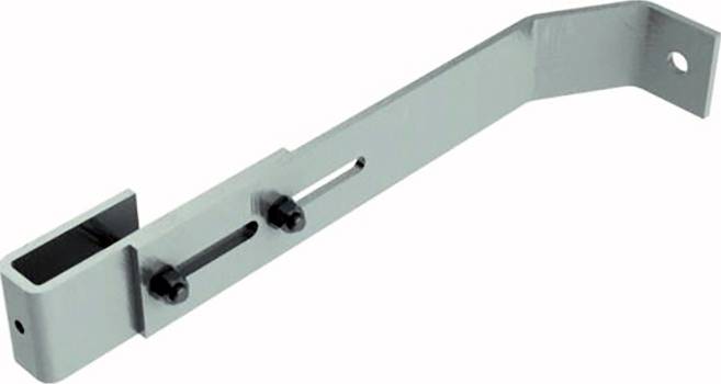 Barrette de fixation métallique en forme de L avec deux vis de réglage, utilisée pour une fixation sécurisée sur des surfaces planes.