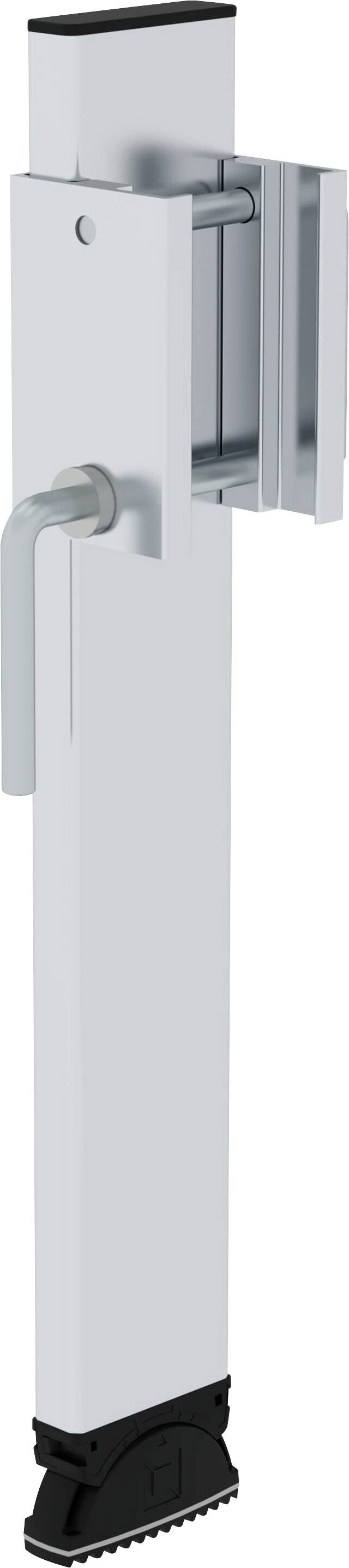 Support métallique avec base en plastique, levier de réglage de hauteur sur le côté. Adapté à la stabilisation de meubles ou de structures.