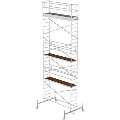 'Un échafaudage mobile en métal de grande hauteur avec plusieurs niveaux, équipé de roulettes pour un déplacement facile. Idéal pour les travaux de construction et de peinture.'