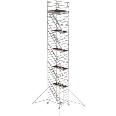 Tour en échafaudage métallique avec plusieurs plateformes et marches menant vers le haut. Repose sur quatre pieds munis de roulettes.