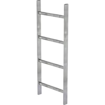 Échelle en métal argenté à quatre échelons, inclinée. Convient comme accessoire pratique ou élément décoratif.