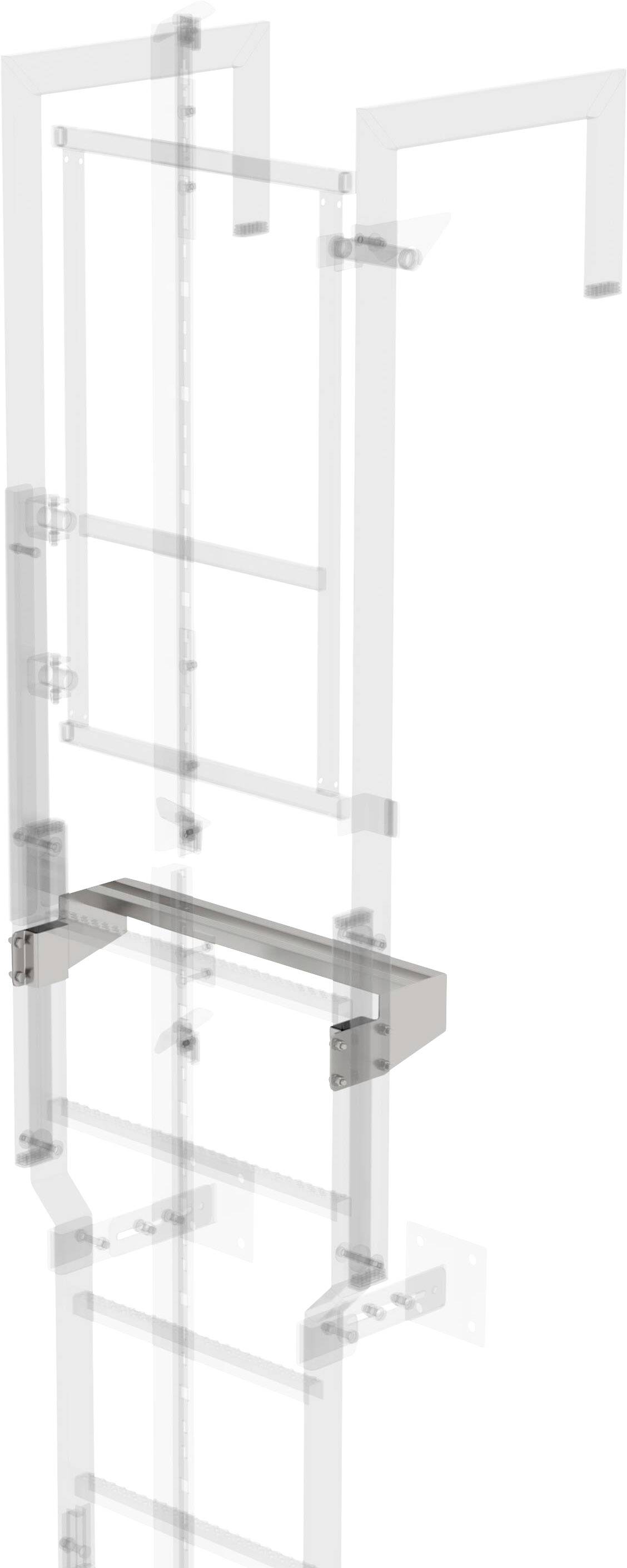 Un système d'échelle transparent vertical avec plusieurs supports horizontaux et une plateforme plus large, composé de métal.