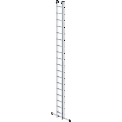 Une longue échelle en aluminium argenté avec douze échelons, verticalement dressée. En haut se trouvent deux rouleaux.