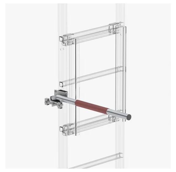 Quincaillerie de porte d'armoire transparente avec poignée horizontale et mécanisme de verrou montés sur un panneau à cadre transparent.