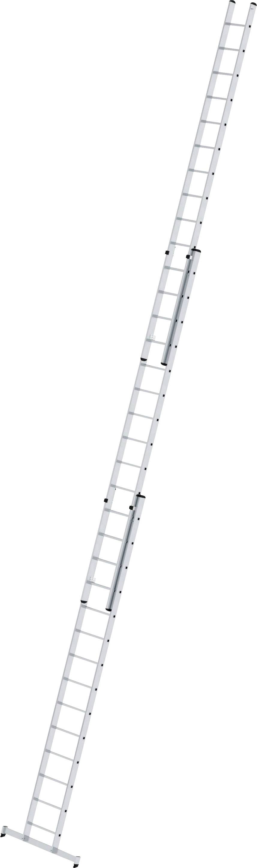 Une longue échelle télescopique argentée, déployée sur toute sa longueur, positionnée à un angle ouvert. Adaptée aux travaux en hauteur.
