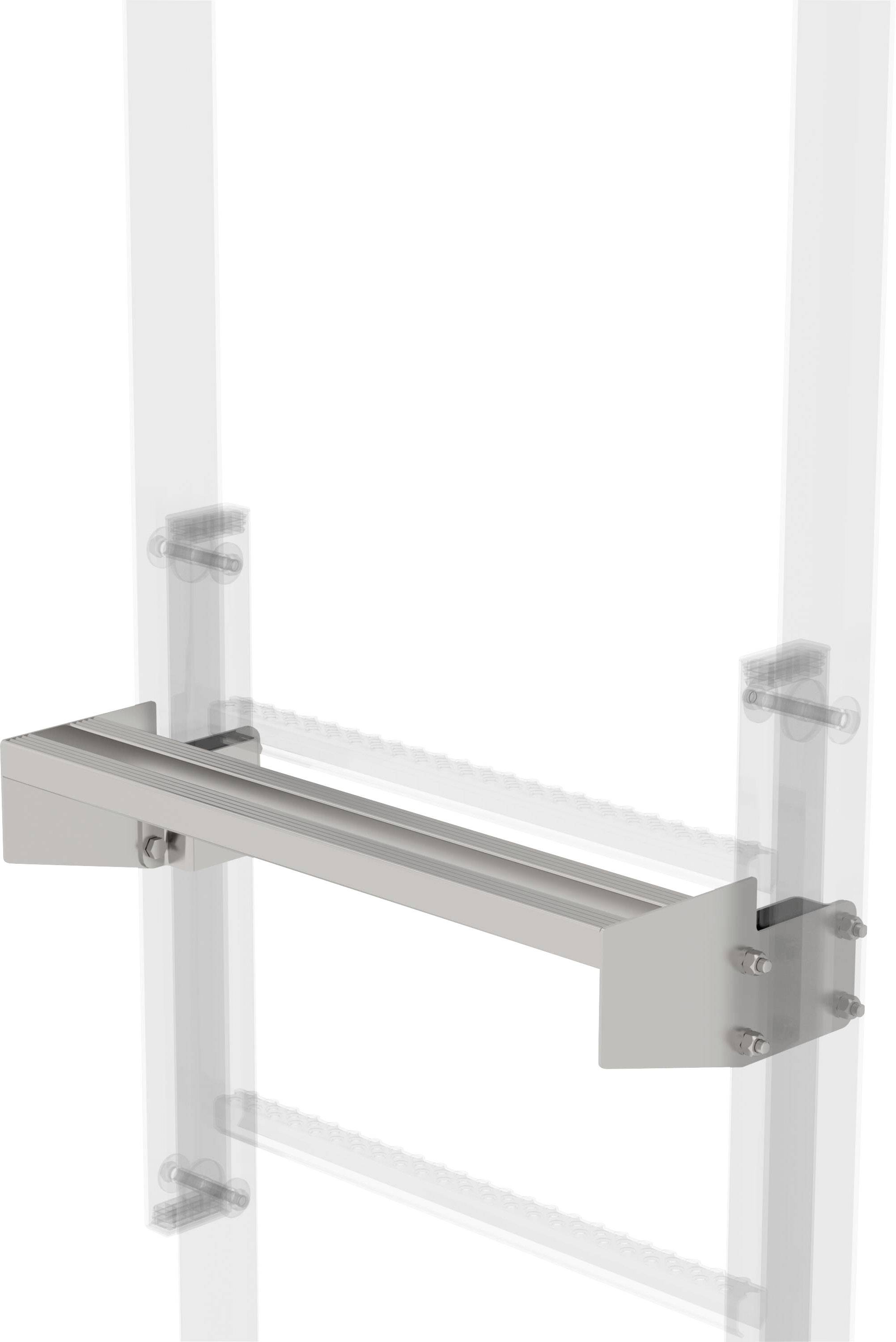 Une étagère métallique est montée sur deux rails verticaux. Elle semble être adaptable ou déplaçable le long de ces rails.