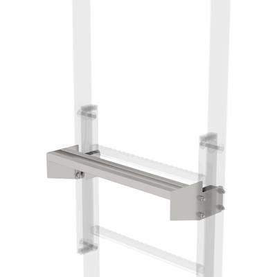 Une étagère métallique est montée sur deux rails verticaux. Elle semble être adaptable ou déplaçable le long de ces rails.