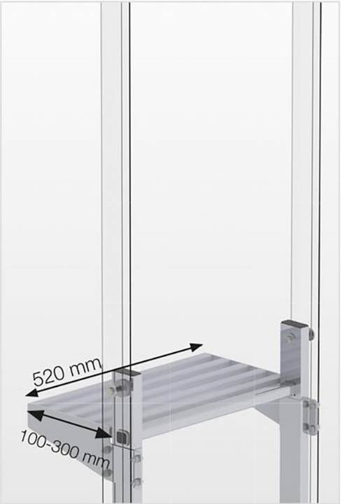 Une étagère métallique à largeur réglable de 100-300 mm et d'une profondeur de 520 mm, représentée dans un diagramme en coupe.