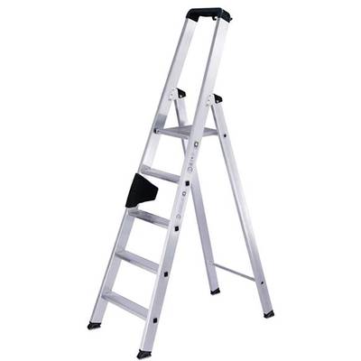 Échelle en aluminium à cinq marches, adaptée aux utilisations intérieures et extérieures, avec des pieds antidérapants noirs et des poignées ergonomiques.