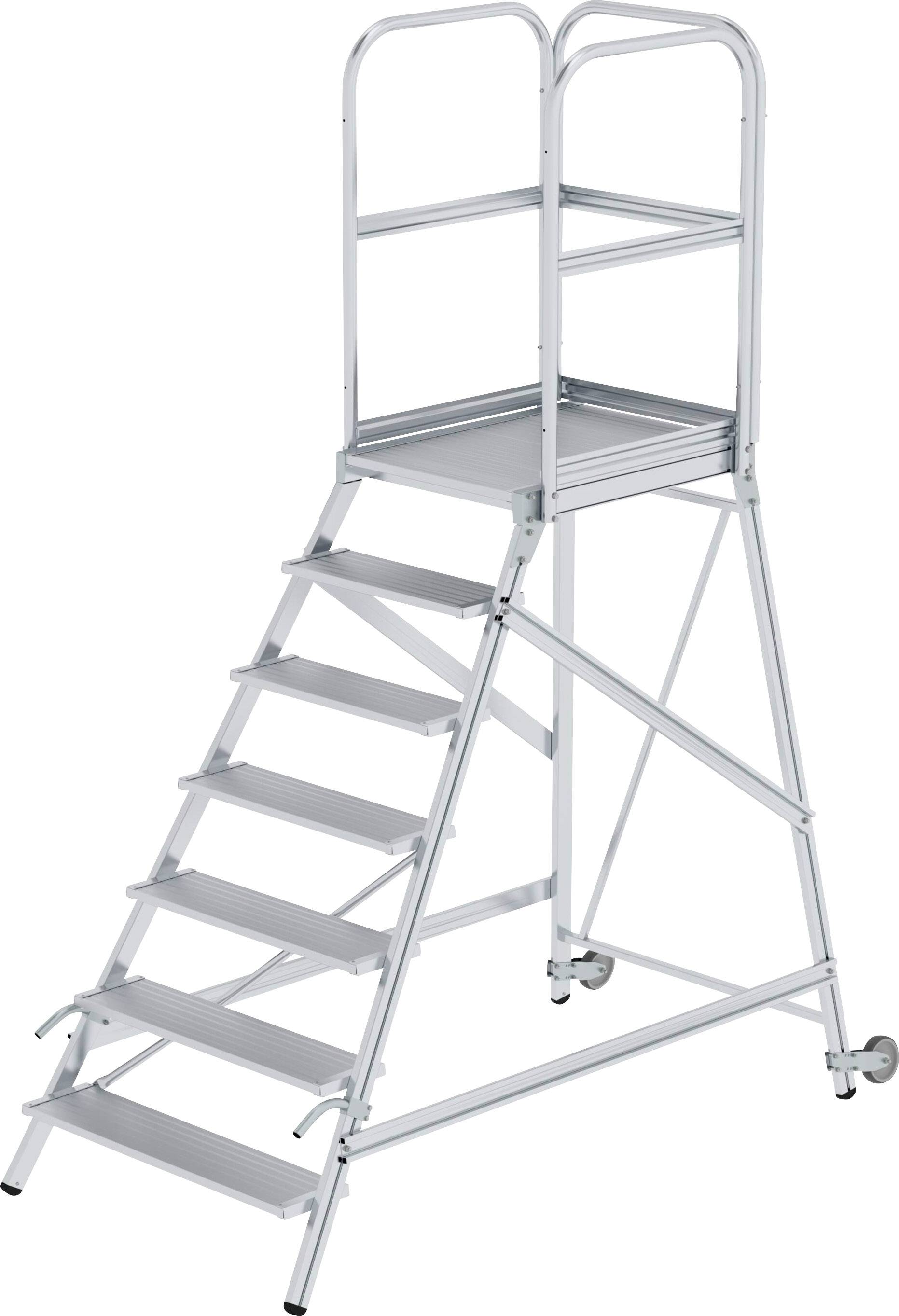 Échelle en métal à sept marches avec une plateforme supérieure, structure robuste pourvue de garde-corps, adaptée pour un accès sécurisé aux zones en hauteur.
