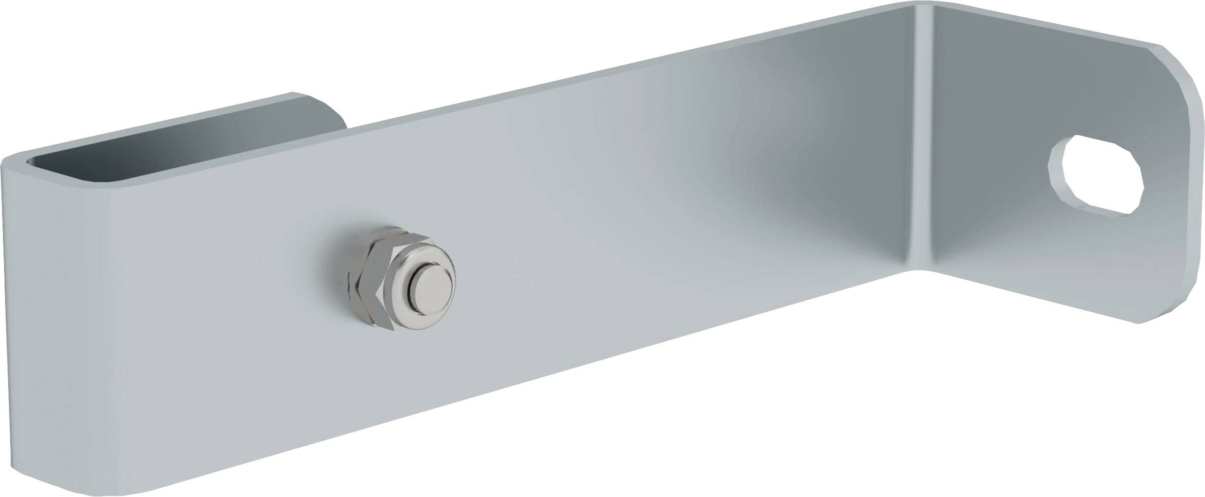 Support de fixation métallique coudé, avec vis, destiné à la fixation sur des surfaces. Comprend un trou allongé pour un montage flexible.