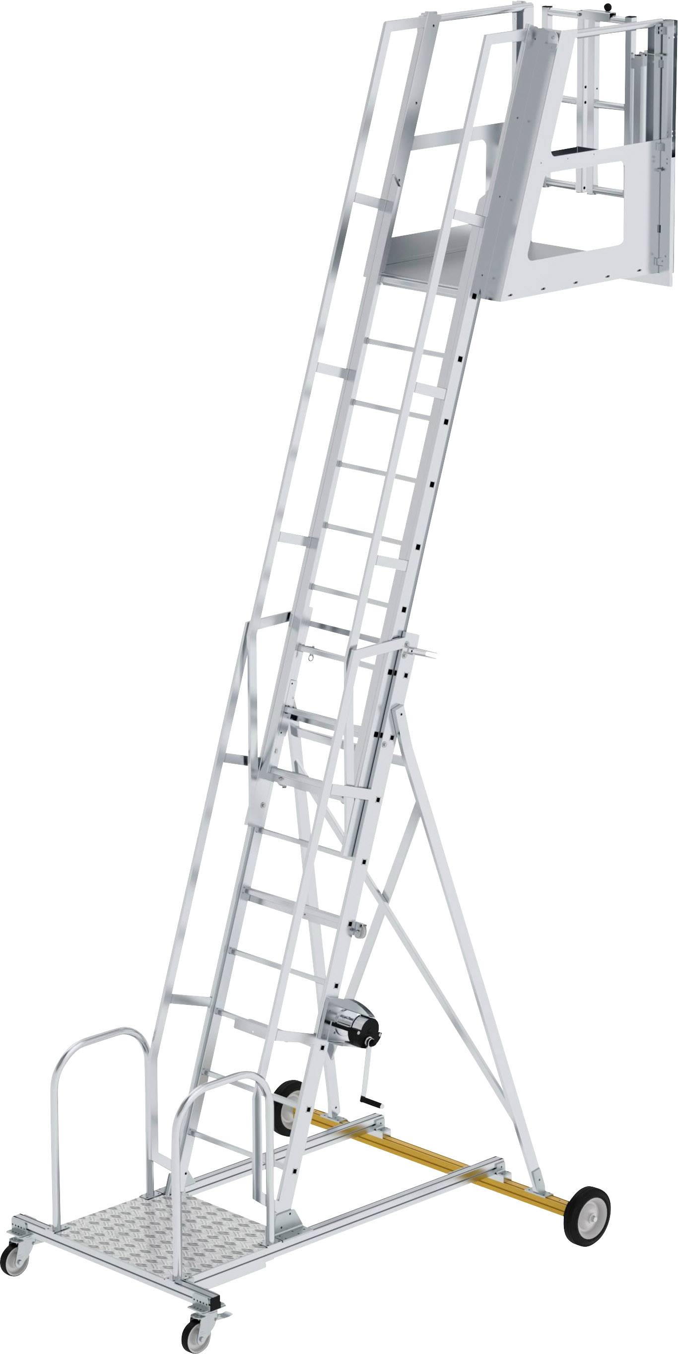 Escalier mobile métallique avec plateforme, muni de roulettes pour le déplacement et de garde-corps latéraux pour la sécurité, orienté verticalement.