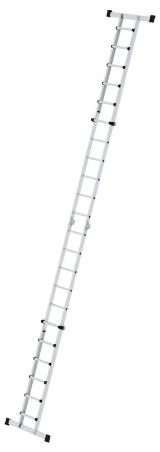 Une longue échelle télescopique argentée, complètement déployée, est positionnée en diagonale contre un fond blanc.