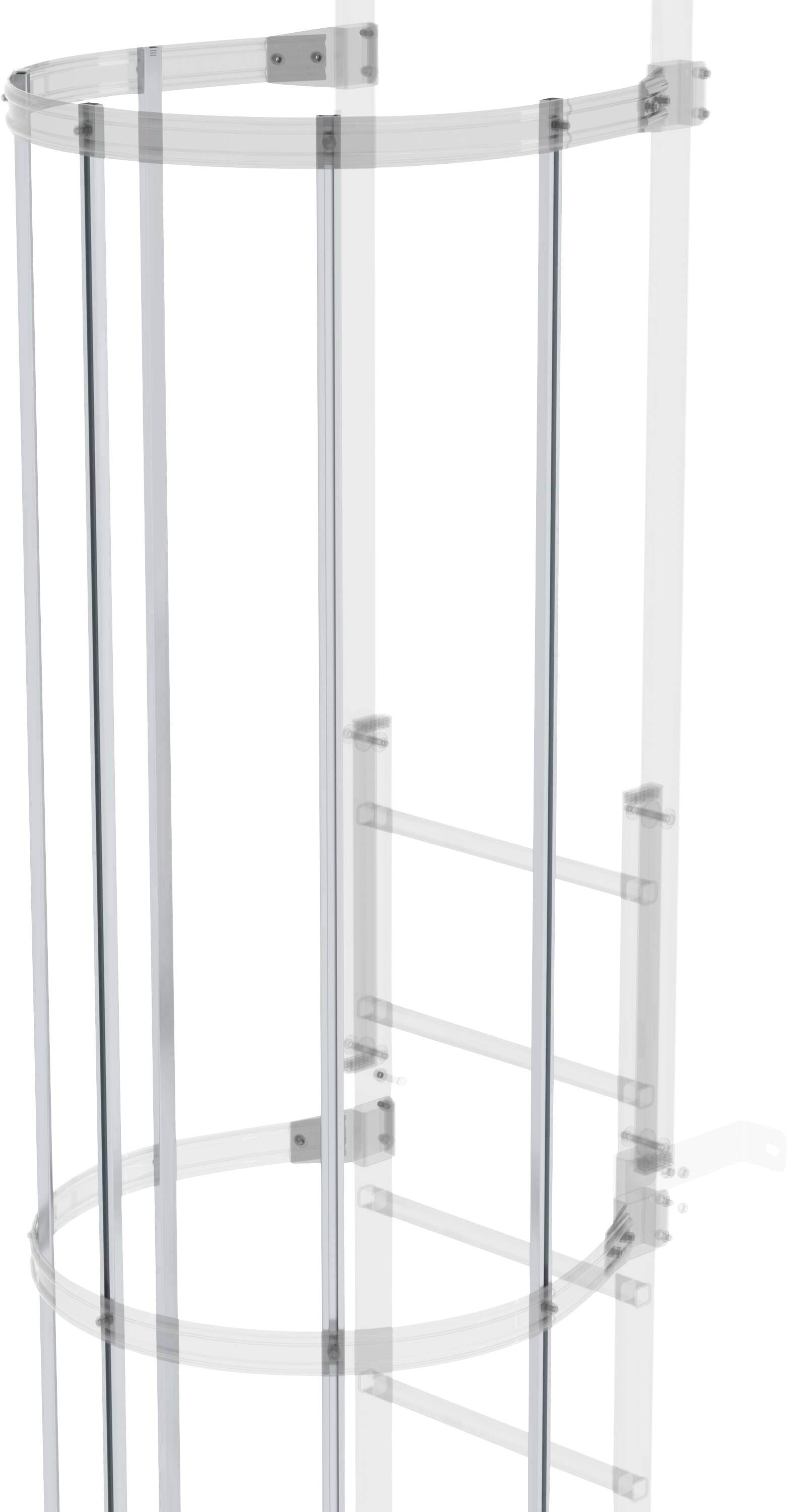 Une cage de protection en métal entoure une échelle verticale, offrant une sécurité lors de l'escalade, couramment utilisée dans les sites industriels.