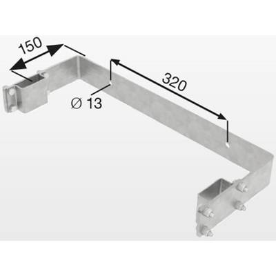 Équerre métallique aux dimensions : 150 mm de largeur, 320 mm de longueur, Ø 13 mm. Convient aux applications techniques ou industrielles.