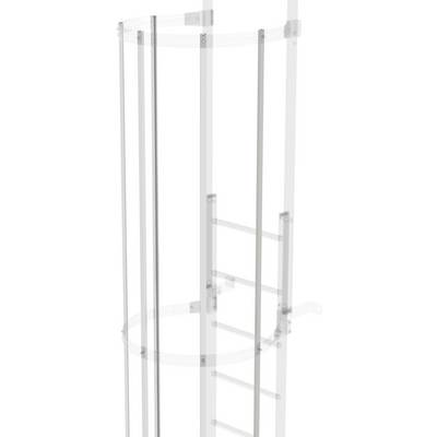 Cage de protection sur une échelle pour prévenir les chutes, fabriquée en éléments métalliques, avec des entretoises verticales et horizontales visibles.