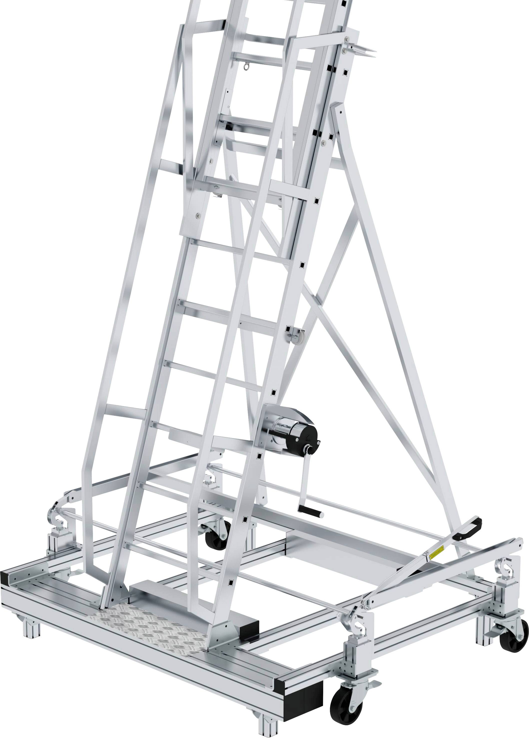 Une échelle en aluminium mobile montée sur un châssis roulant avec des roues fixes. La plateforme offre stabilité et flexibilité pour l'accès en hauteur.