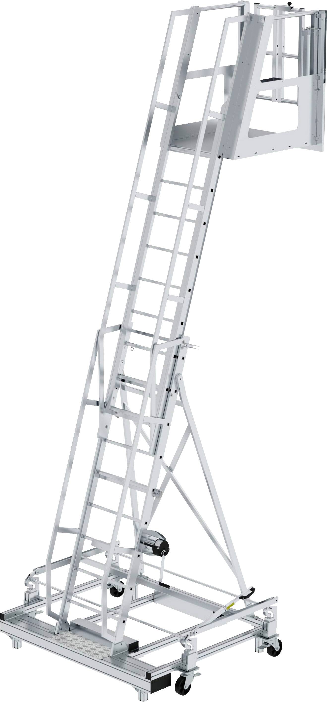 Une échelle mobile en aluminium avec plateforme, supportée par un chariot roulant. Elle sert probablement à travailler en hauteur.