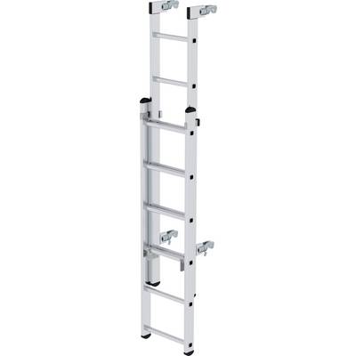 Une échelle télescopique en argent avec des embouts noirs et plusieurs échelons pour atteindre des niveaux plus élevés. Idéale pour les bricoleurs.