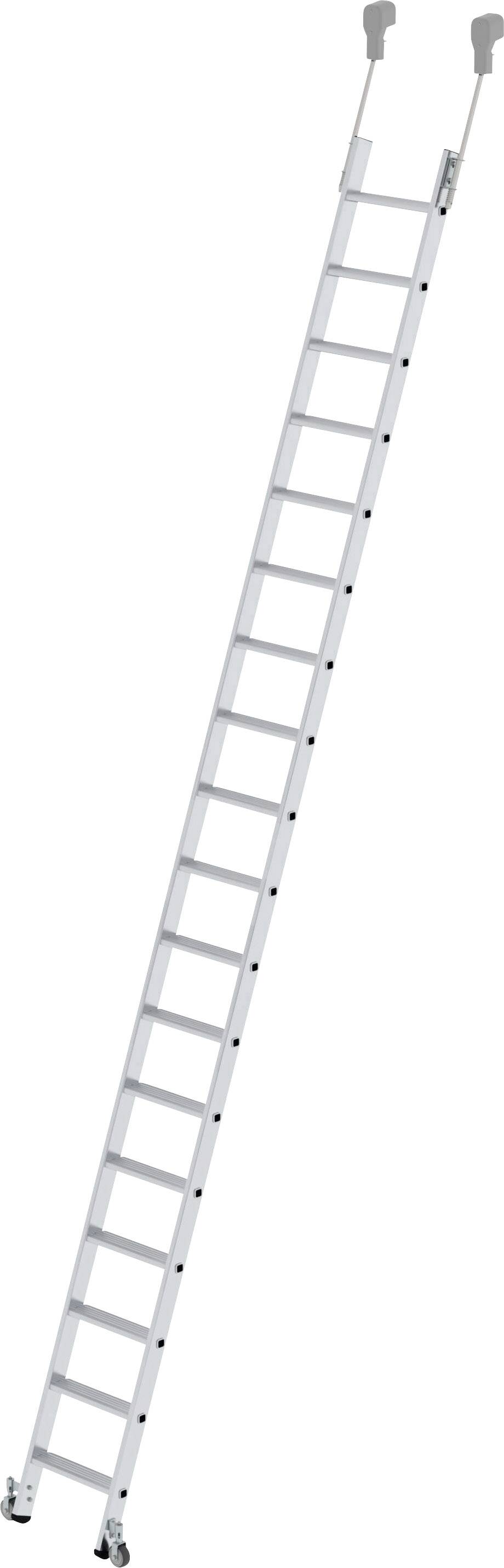 Une longue échelle droite blanche avec plusieurs échelons est positionnée en angle, orientée vers le haut, et dotée de pieds antidérapants.