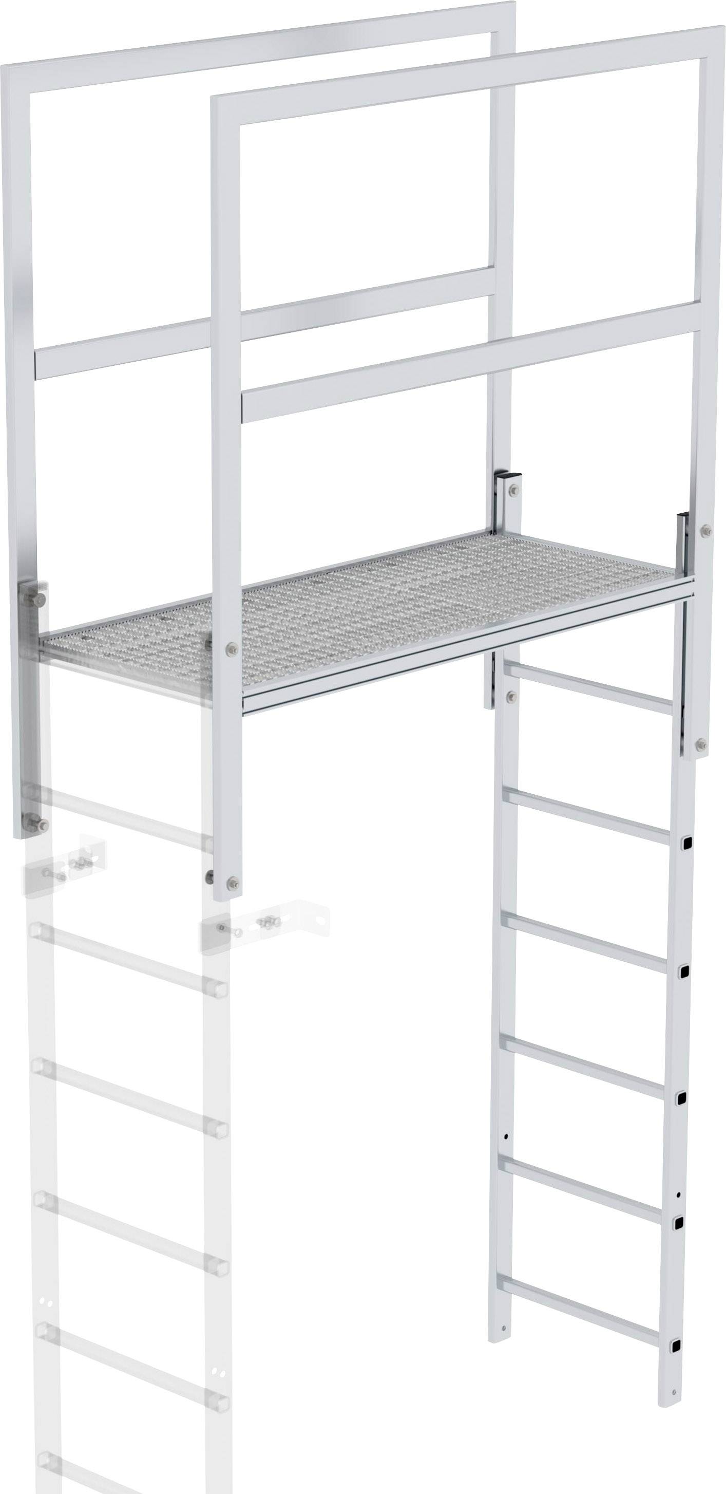 Échelle en aluminium avec plateforme centrale, adaptée pour l'accès aux zones en hauteur et les travaux de maintenance.