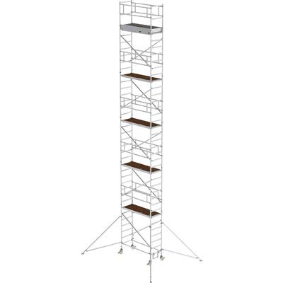 Un échafaudage haut avec plusieurs plateformes, adapté aux travaux de construction ou de maintenance en hauteur. L'échafaudage possède des supports pour assurer sa stabilité.