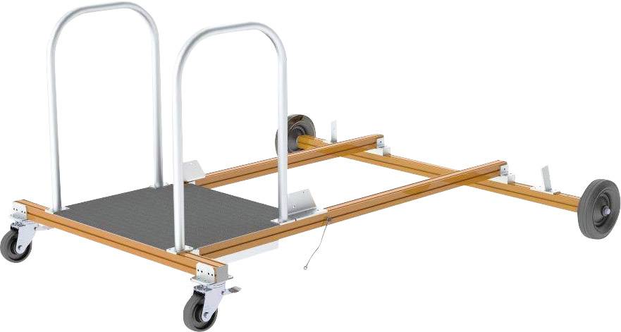 Un chariot de transport orange avec deux poignées et quatre roues, dont deux pivotantes. Plateforme destinée au transport de matériaux.