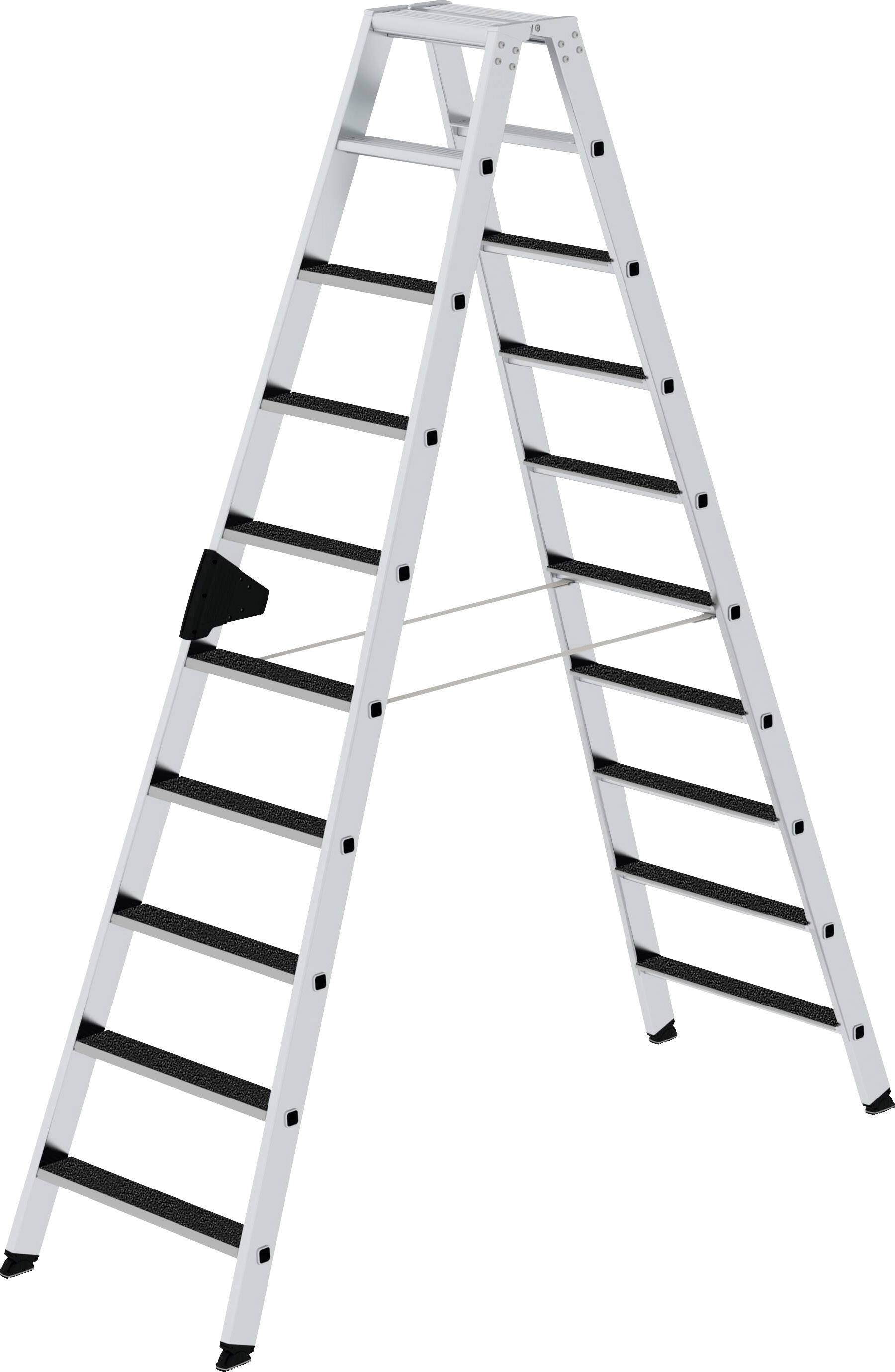 Une échelle pliante blanche avec des marches noires est ouverte dans une pièce, prête à être utilisée.