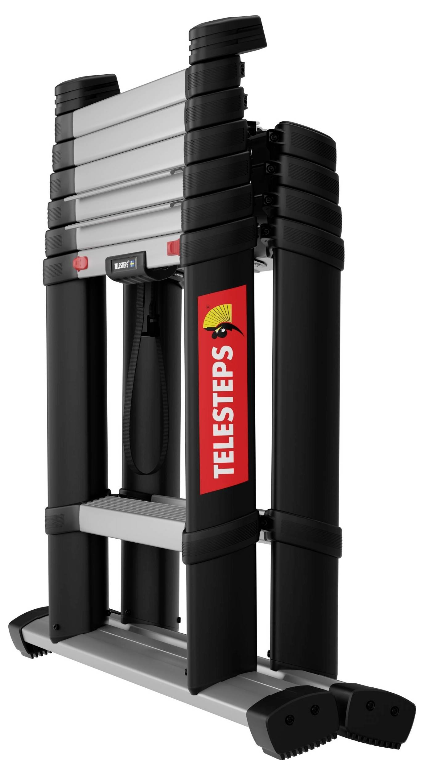 Échelle télescopique pliante avec un design noir et argenté, logo 'Telesteps' rouge au centre du montant latéral.