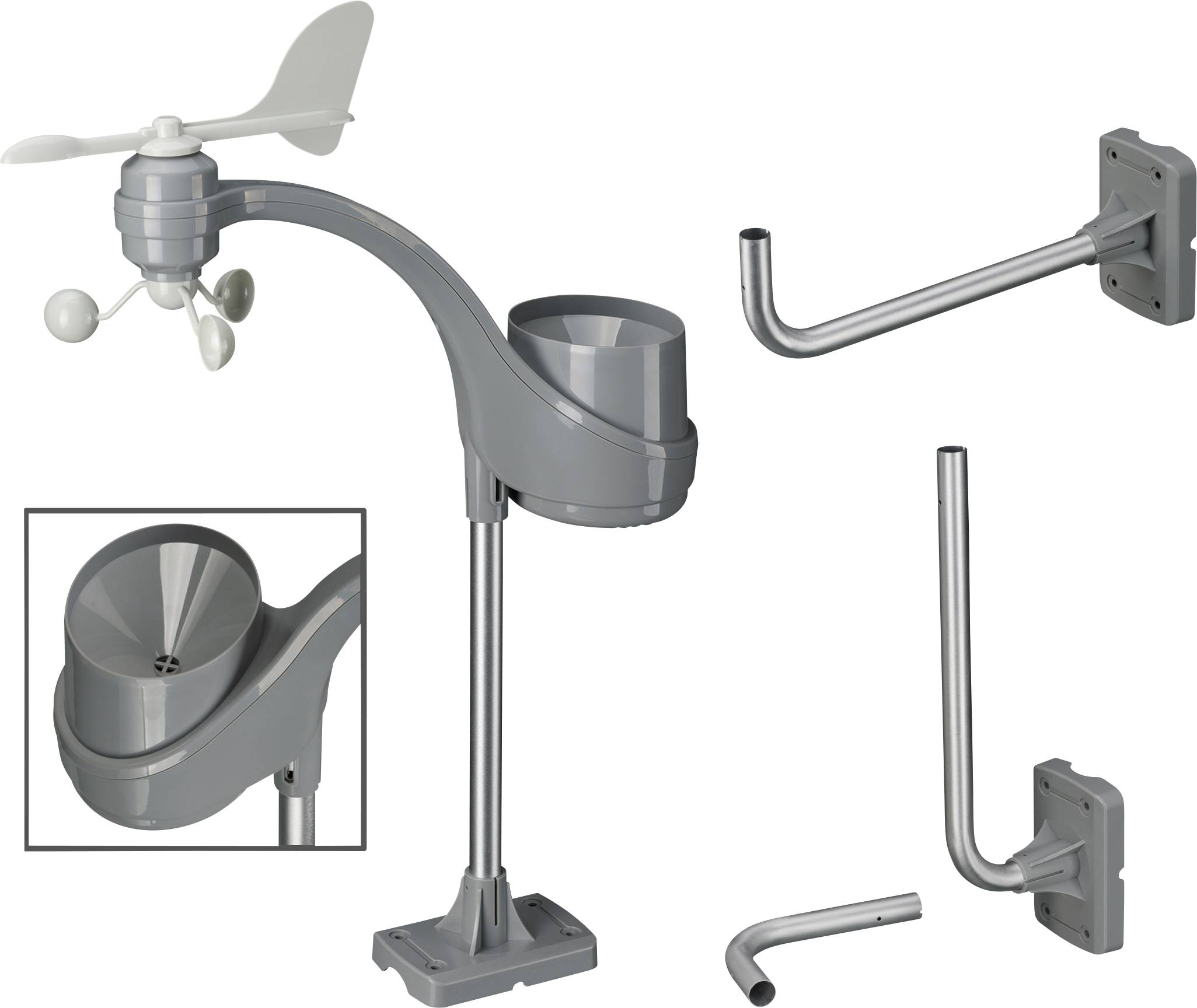 Station météorologique avec girouette et pluviomètre, indiquant la direction du vent, la vitesse du vent et la quantité de précipitations. Comprend les accessoires de montage.