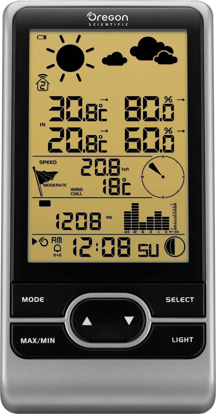 Station météorologique avec thermomètre, hygromètre et baromètre. Température 30,8°C et 20,8°C, humidité relative 80% et 60%, heure 12:08.